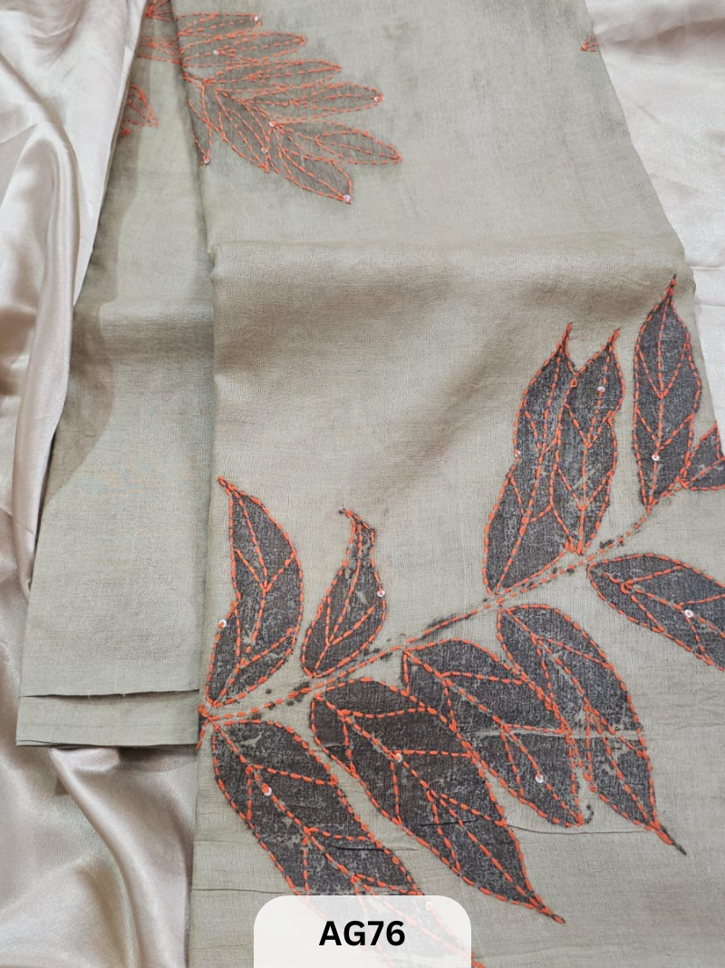 PURE GACHI TUSSAR WITH ECO NATURAL PRINT | HAND KANTHA STITCH | SILK MARK