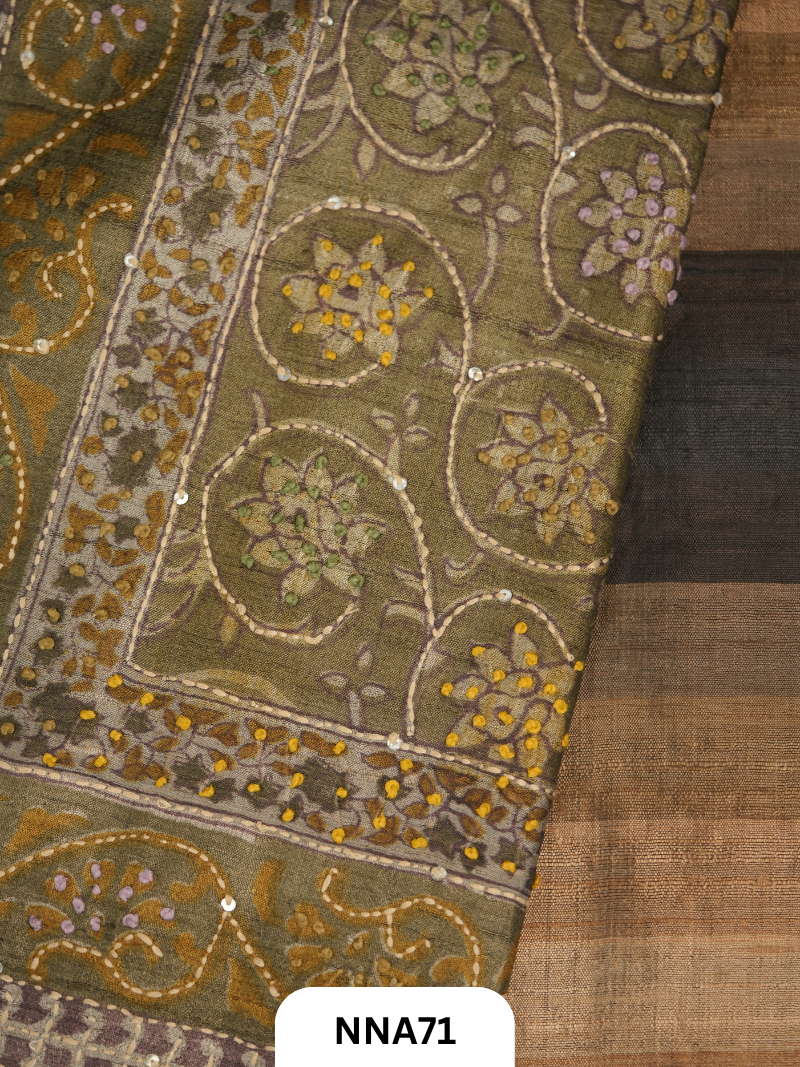 Handloom Pure Tussar Silk - Bullion With Kantha Stitch Saree