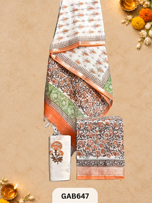 Bagru Hand Block Printed Linen Suits With Zari Border