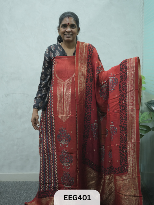 AJRAKH DOLA SILK 2 PCS-UNSTITCHED ( TOP 3.5MTR AND DUPPATA 2.25MTR ) - IMMEDIEATE DISPATCH