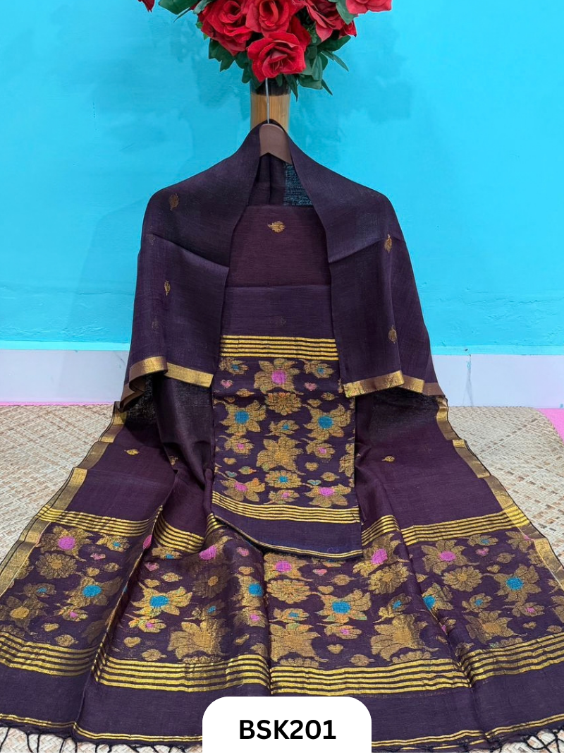 Premium Pure Handloom Linen Silk Salwar Floral Design  Top 2.7 mtr  | Duppata 2.5 mtr