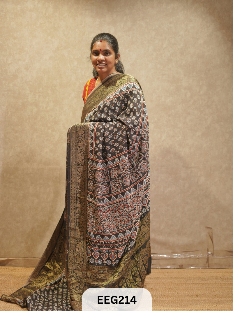 AJRAKH DOLA SILK SAREE WITH MIRROR WORK - IMMEDIATE DISPATCH