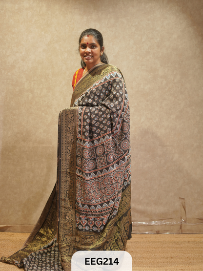 AJRAKH DOLA SILK SAREE WITH MIRROR WORK - IMMEDIATE DISPATCH