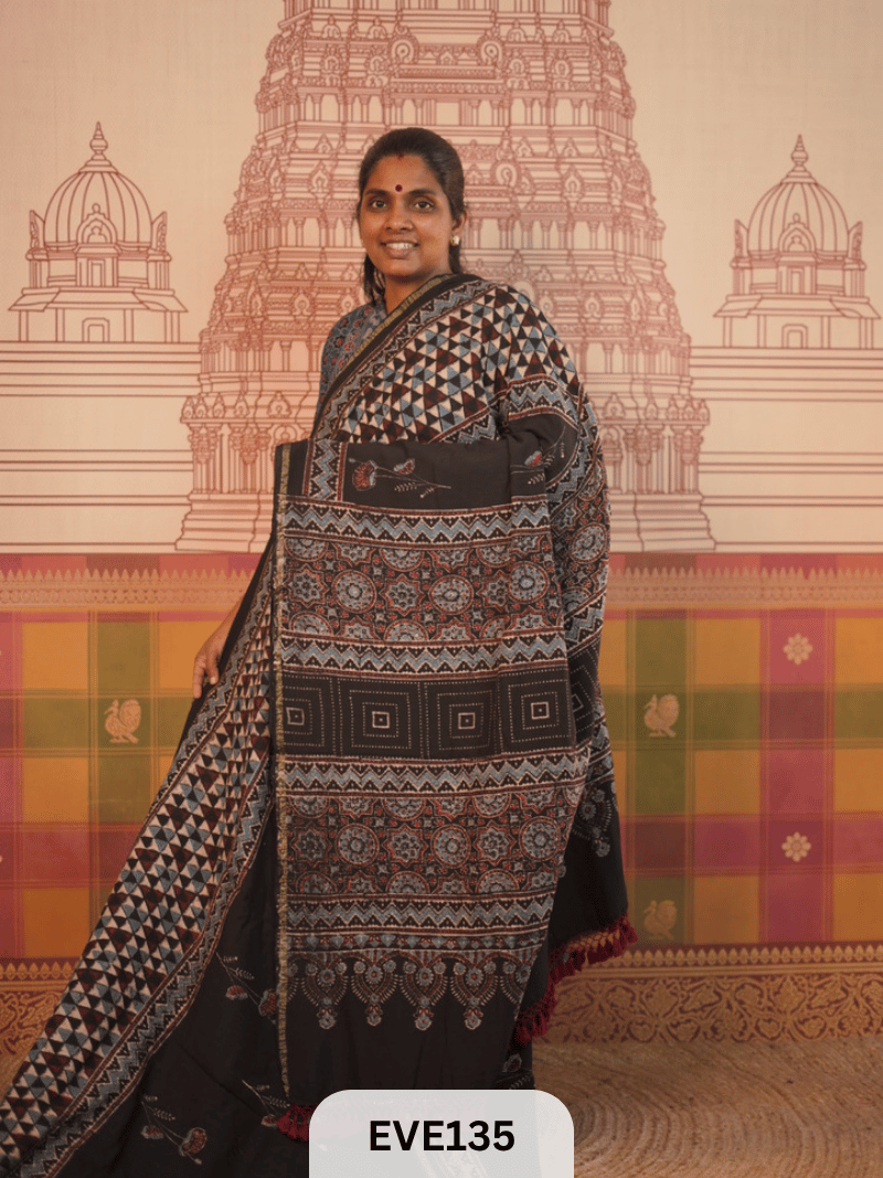 PURE CHANDERI SILK AJRAKH HANDBLOCK SAREE