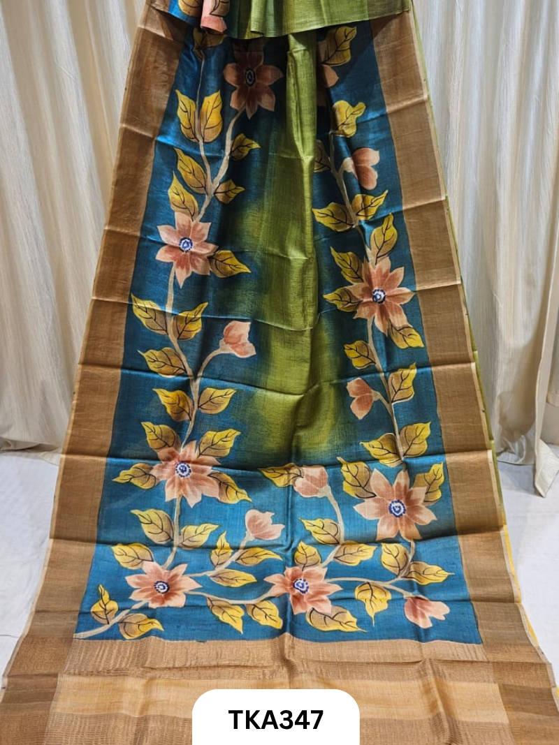 Zari Border Tussar Hand Painted Saree