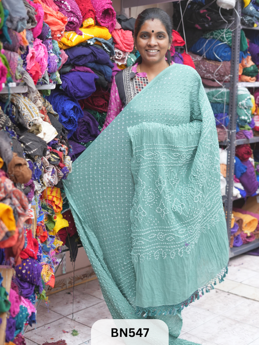 MUL COTTON HEAVY BANDHEJ SAREE WITH JARI TUSSLES