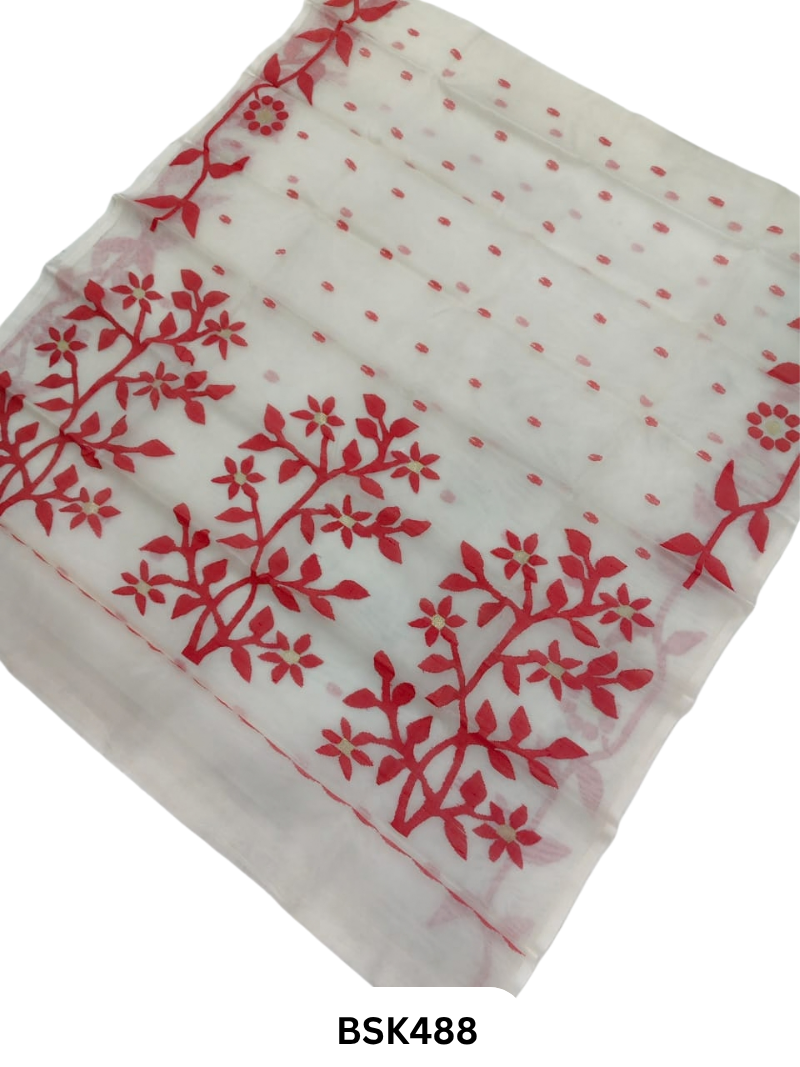 Handloom Pure Muslin Jamdhani Needle Work Weave Saree