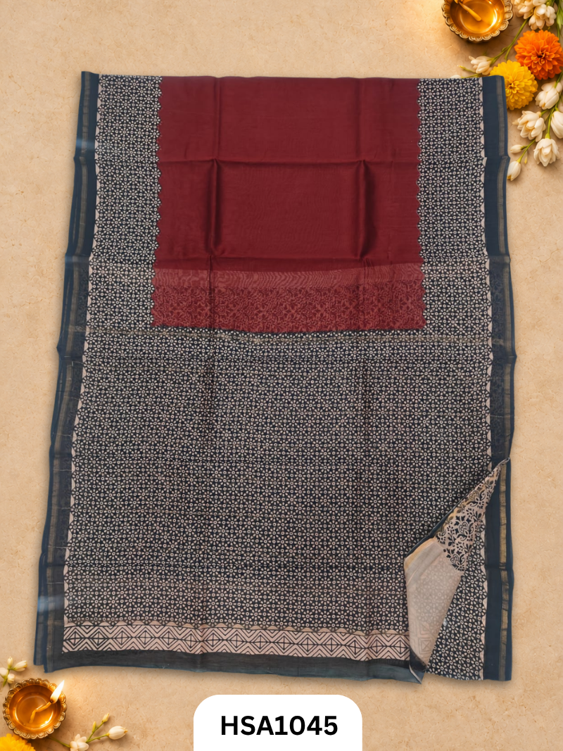 Pure Hand Block Printed Chanderi Silk Saree With Printed Blouse
