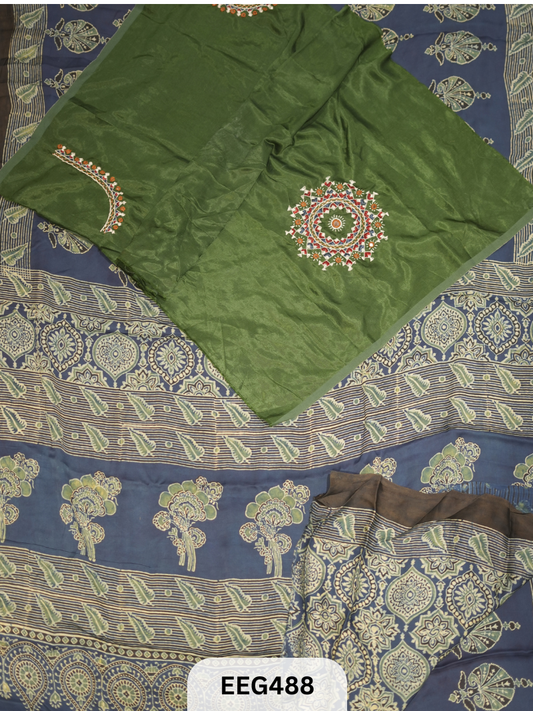 AJRAKH MODAL SAREE WITH KUTCHI HANDWORK BLOUSE PIECE EXTRA
