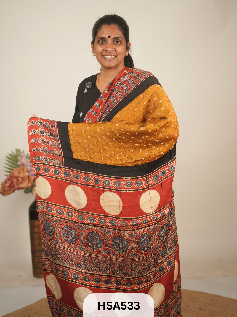 MODAL AJRAKH WITH BANDHINI SAREE