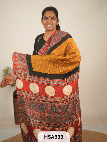 MODAL AJRAKH WITH BANDHINI SAREE