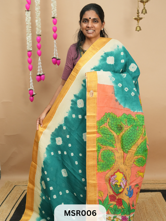 BANGLORE SILK MANGALAGIRI BORDER KALAMKARI TIE AND DIE