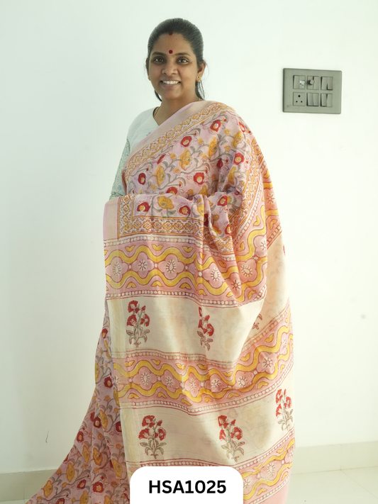 Pure Maheswari Silk Cotton - Handblock Print Saree With Blouse