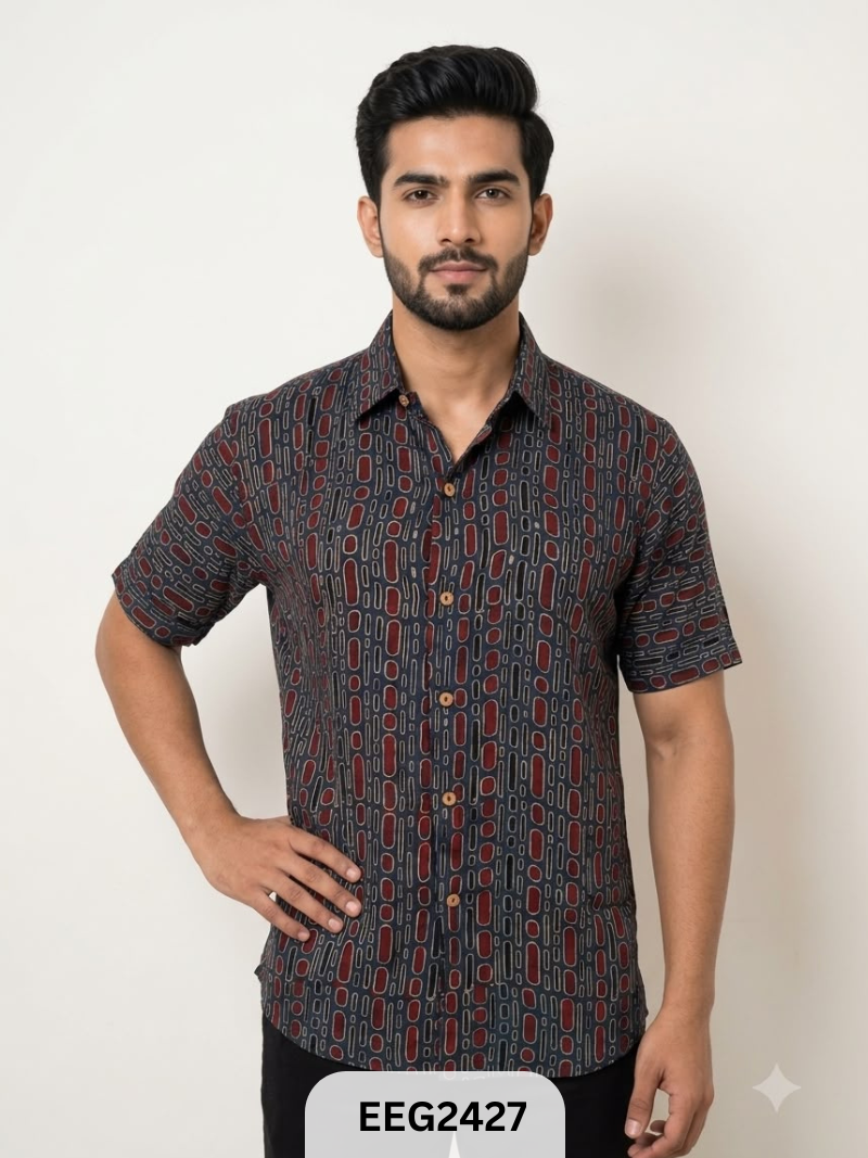 MODAL HANDBLOCK PRINT SHIRT WITH WOODEN BUTTON