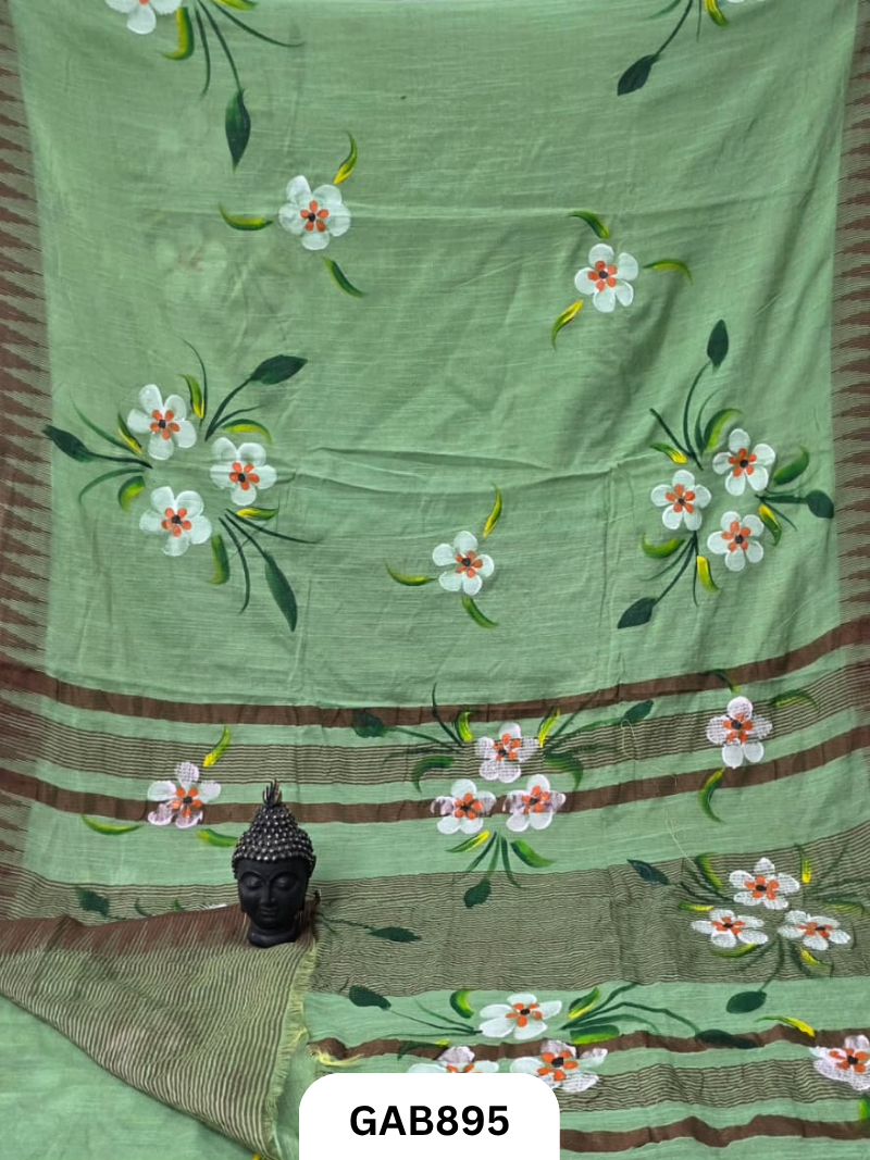 Temple Zari Border Hand Block Printed Katan Cotton Silk Saree With Running Blouse