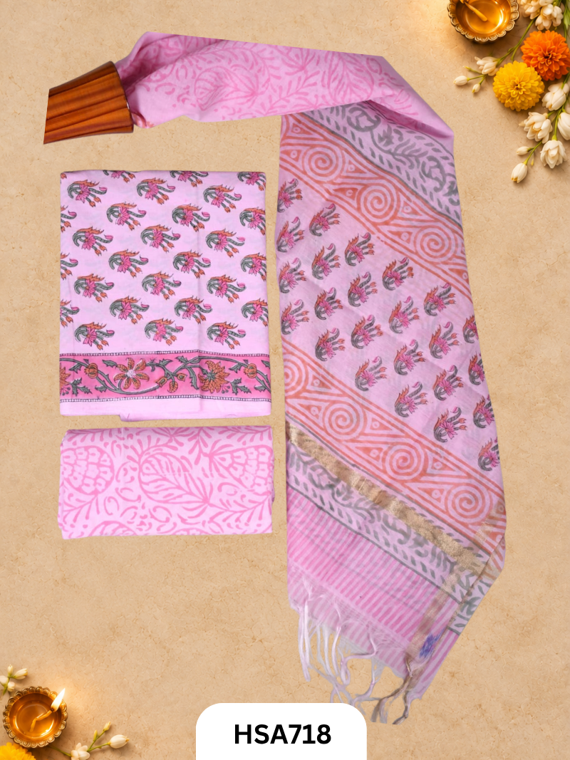 HandBlock Printed Chanderi Silk Dupatta With Cotton Suits -Top 2.5M Duptta 2.5M