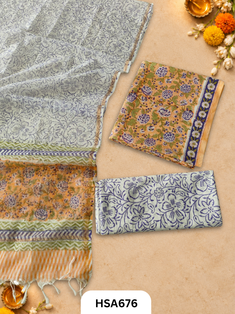 Handblock Printed Kota Doriya Dupatta With Cotton Suits Top 2.5mtr Dupatta 2.5mtr