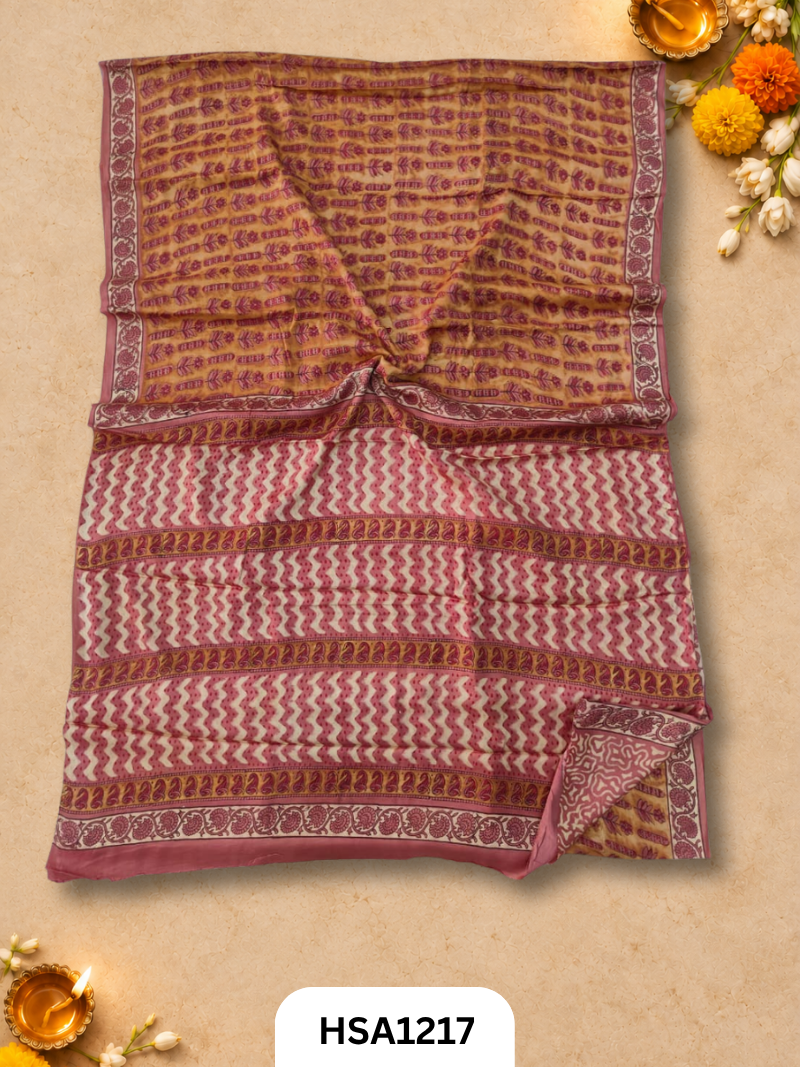 Hand Block Print Ajarkh Vanaspati Modal Silk Saree with blouse