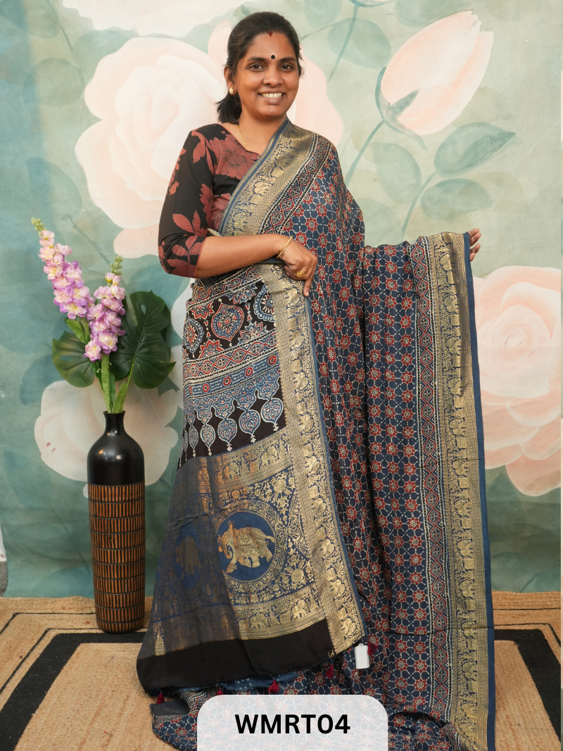 DOLA SILK WITH AJRAKH HANDBLOCK PRINT SAREE
