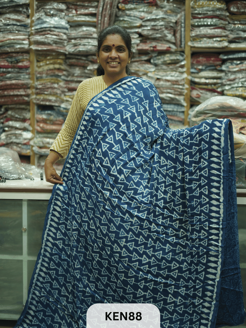 MODAL INDIGO DABU HANDBLOCK PRINT SAREE - NATURAL PROCESS