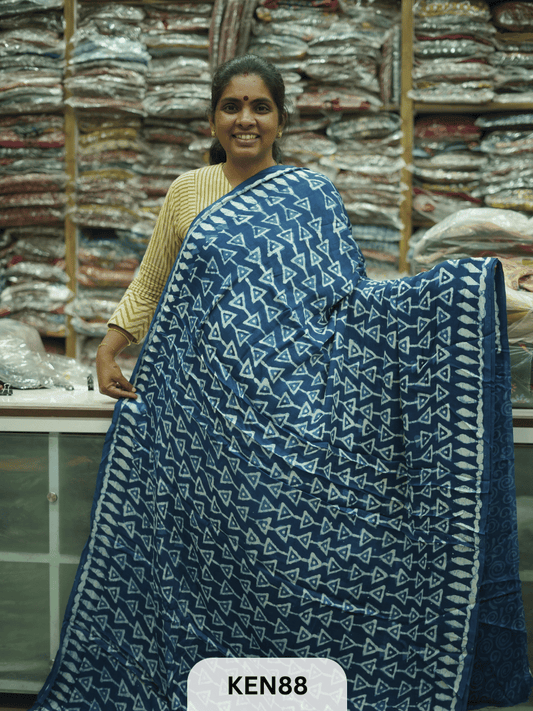 MODAL INDIGO DABU HANDBLOCK PRINT SAREE - NATURAL PROCESS