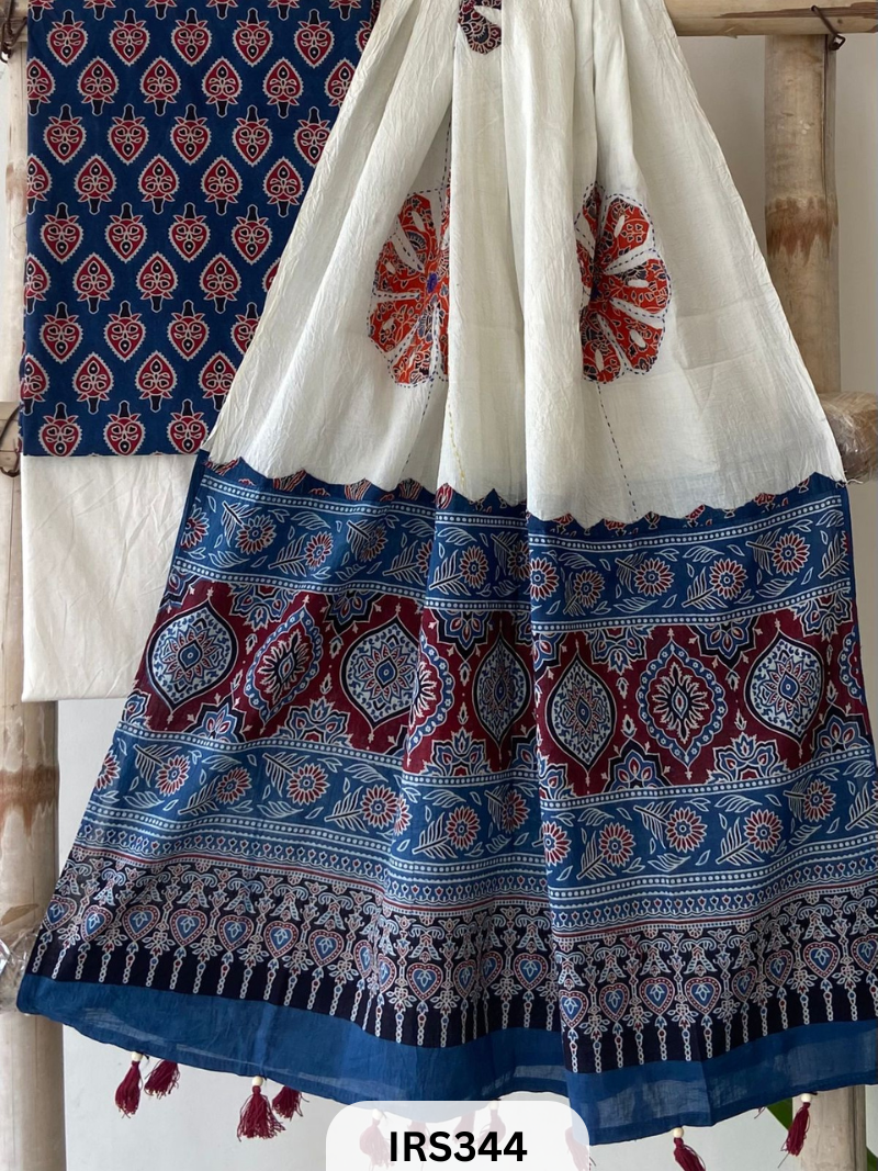 AJARAKH PRINT SUIT PCS WITH AJRAKH BORDER AND MIRROR WORK DUPATTA