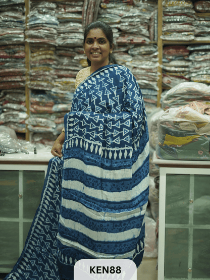 MODAL INDIGO DABU HANDBLOCK PRINT SAREE - NATURAL PROCESS