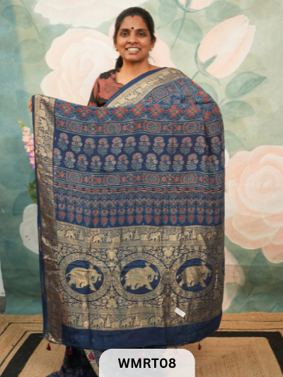 DOLA SILK WITH AJRAKH HANDBLOCK PRINT SAREE