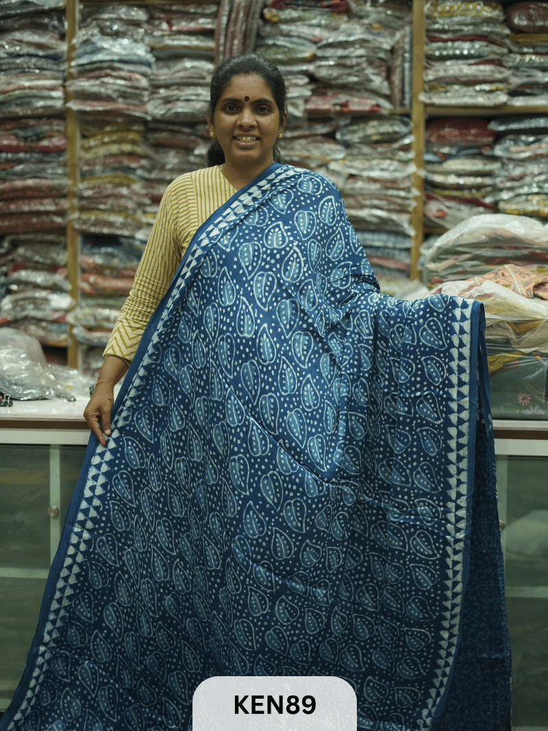 MODAL INDIGO DABU HANDBLOCK PRINT SAREE - NATURAL PROCESS