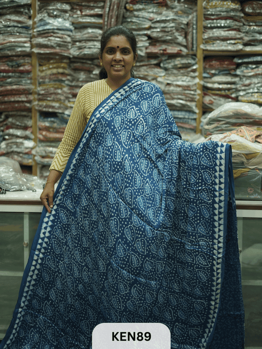 MODAL INDIGO DABU HANDBLOCK PRINT SAREE - NATURAL PROCESS