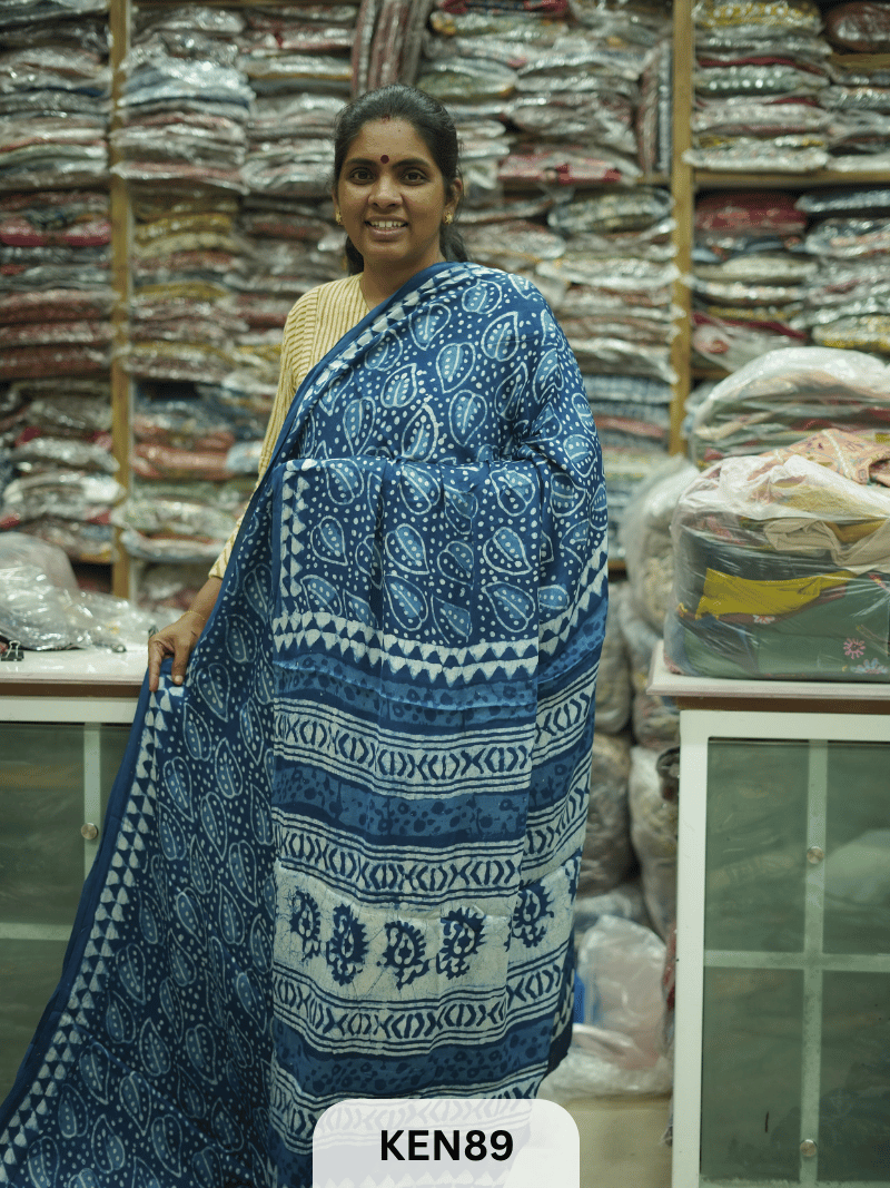 MODAL INDIGO DABU HANDBLOCK PRINT SAREE - NATURAL PROCESS