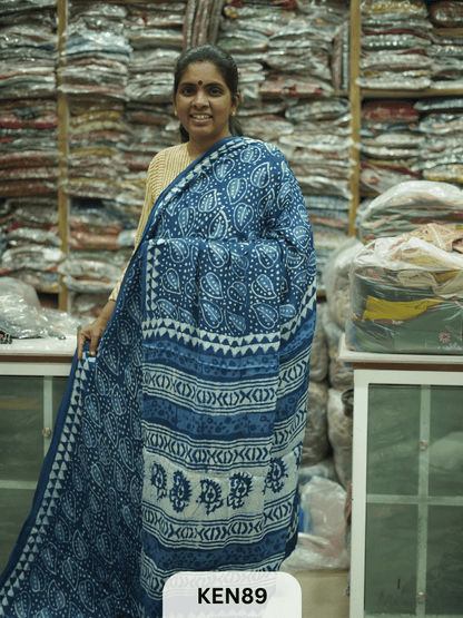 MODAL INDIGO DABU HANDBLOCK PRINT SAREE - NATURAL PROCESS