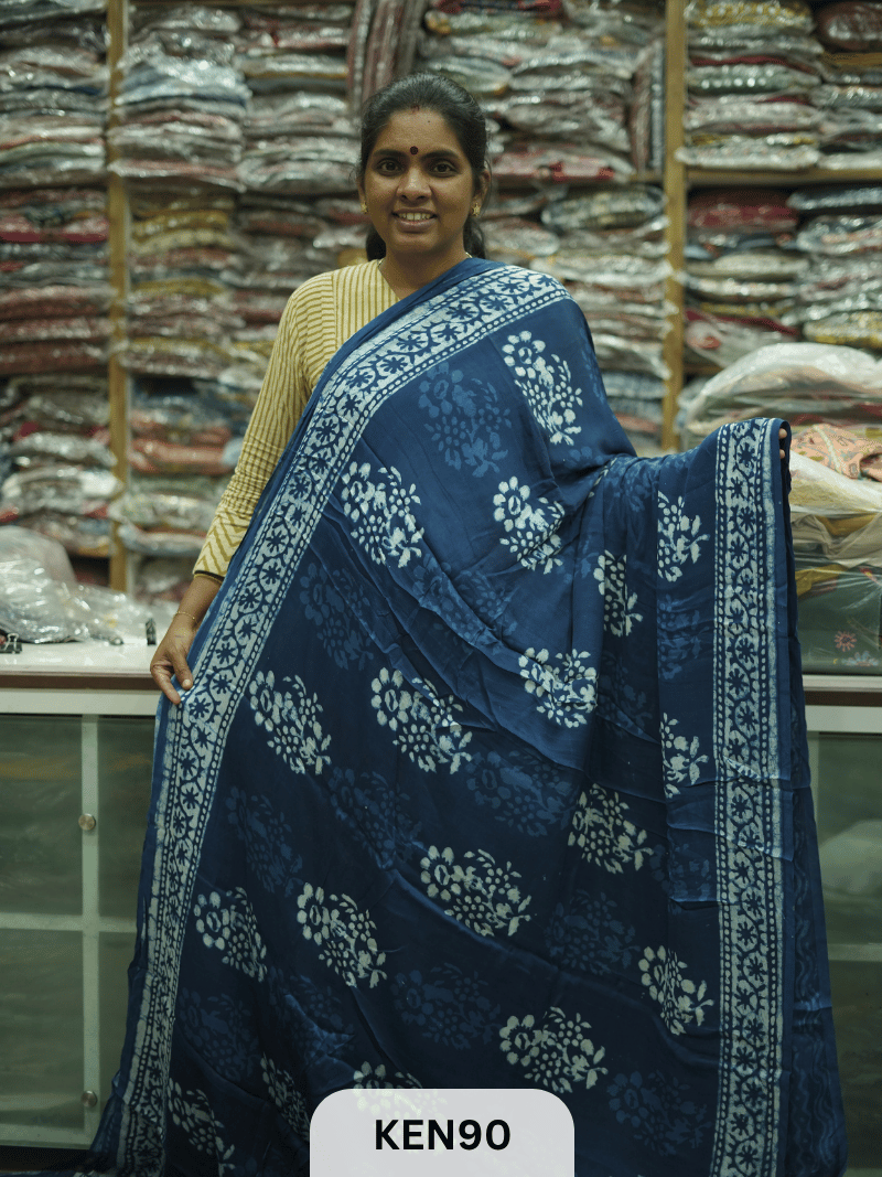 MODAL INDIGO DABU HANDBLOCK PRINT SAREE - NATURAL PROCESS