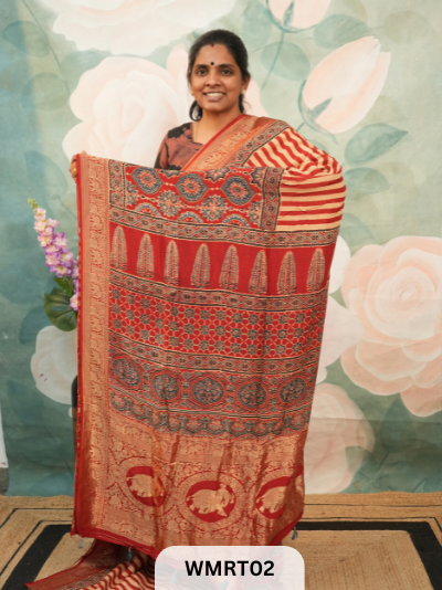 DOLA SILK WITH AJRAKH HANDBLOCK PRINT SAREE