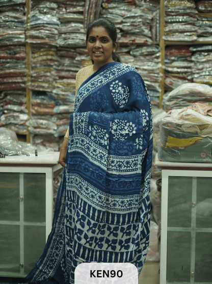 MODAL INDIGO DABU HANDBLOCK PRINT SAREE - NATURAL PROCESS