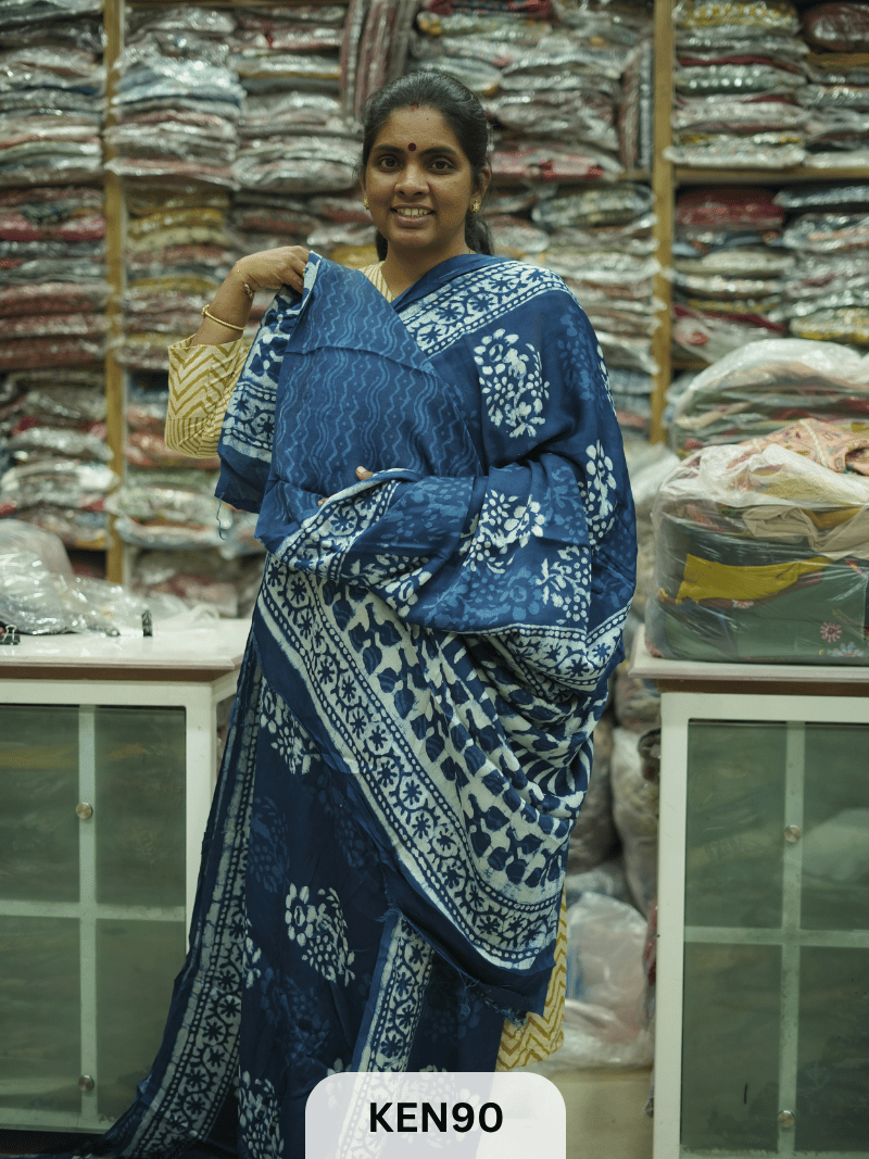 MODAL INDIGO DABU HANDBLOCK PRINT SAREE - NATURAL PROCESS