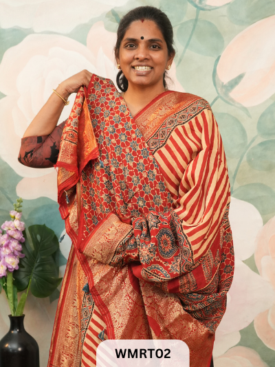 DOLA SILK WITH AJRAKH HANDBLOCK PRINT SAREE