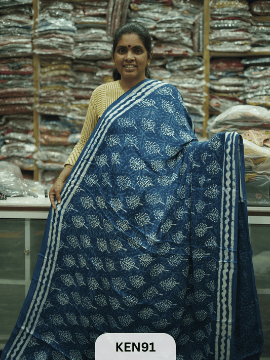 MODAL INDIGO DABU HANDBLOCK PRINT SAREE - NATURAL PROCESS