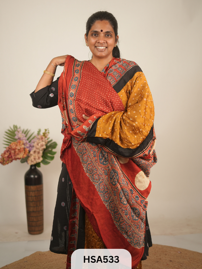 MODAL AJRAKH WITH BANDHINI SAREE