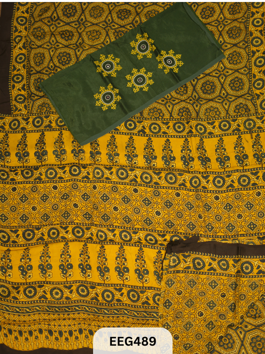 AJRAKH MODAL SAREE WITH KUTCHI HANDWORK BLOUSE PIECE EXTRA