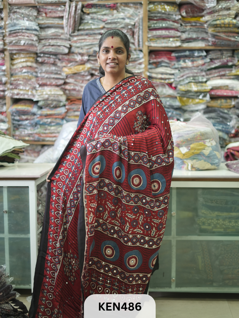 MODAL NATURAL AJRAKH HANDBLOCK SAREE WITH GLUE MIRROR