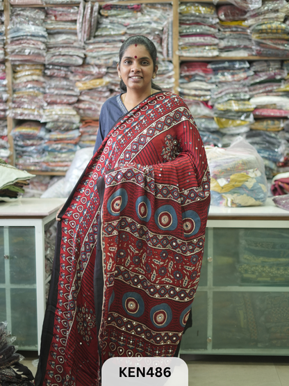 MODAL NATURAL AJRAKH HANDBLOCK SAREE WITH GLUE MIRROR