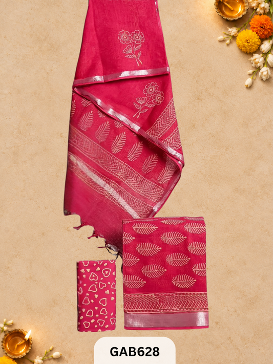 Bagru Hand Block Printed Linen Suits With Zari Border