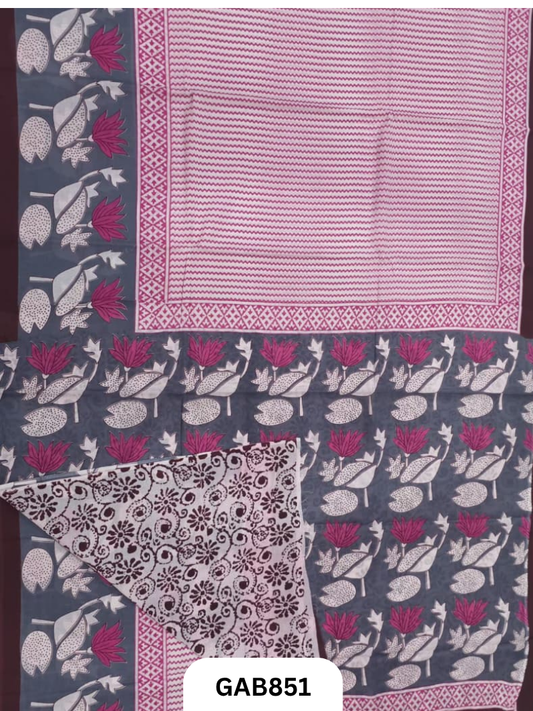 Bagru Block Print Cotton Mulmul Sarees With Running Blouse