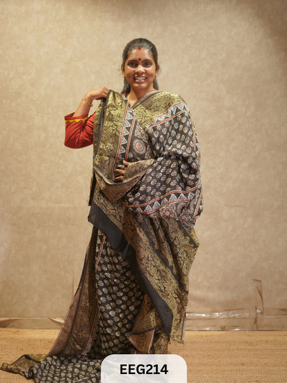 AJRAKH DOLA SILK SAREE WITH MIRROR WORK - IMMEDIATE DISPATCH