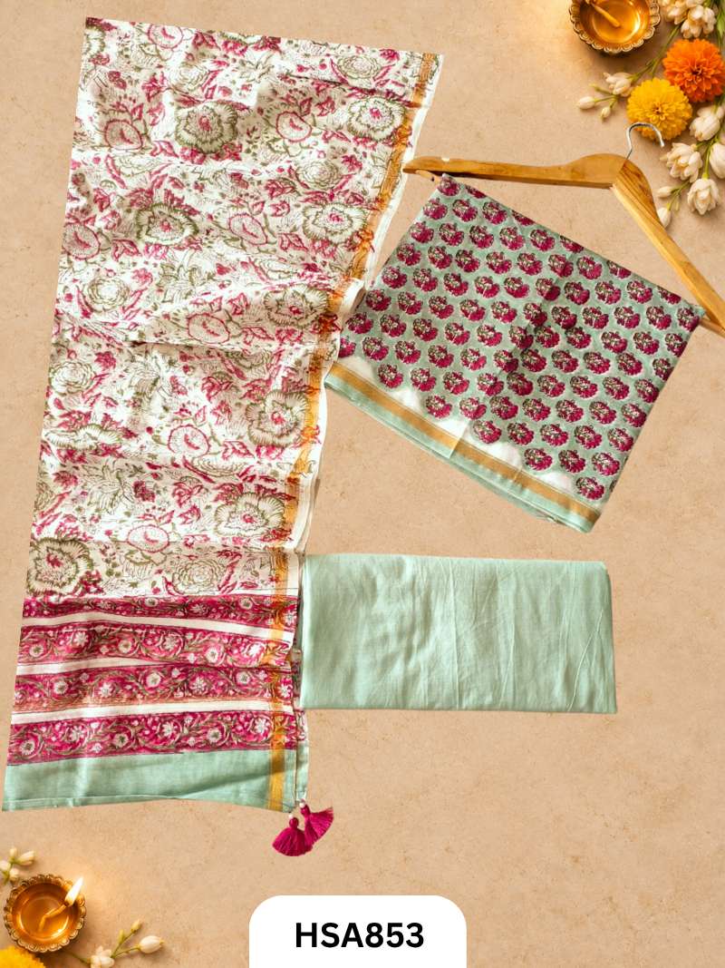 HandBlock Printed Chanderi Silk Cotton Suits -Top 2.5M Duptta 2.5M