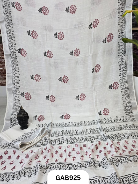 Bagru Handblock Print Linen Saree With Attached Blouse
