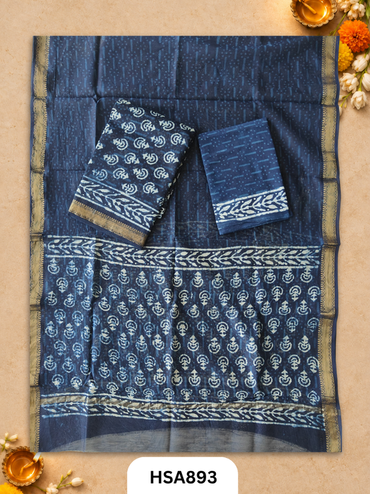 HandBlock Printed Maheshwari Silk Zari Border Top & dupttas 2.5 Mtrs | Bottom cotton 2.50 mtrs