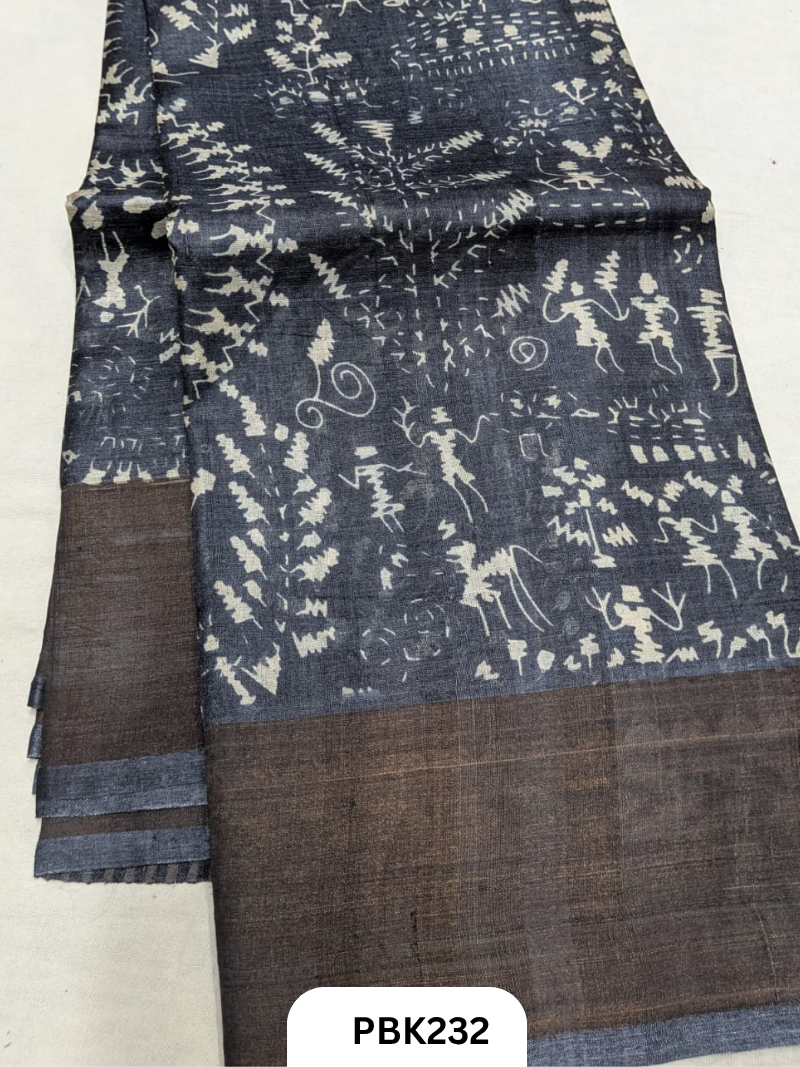 Premium Pure Tussar Silk Handblock Print Saree – Kolkata Special