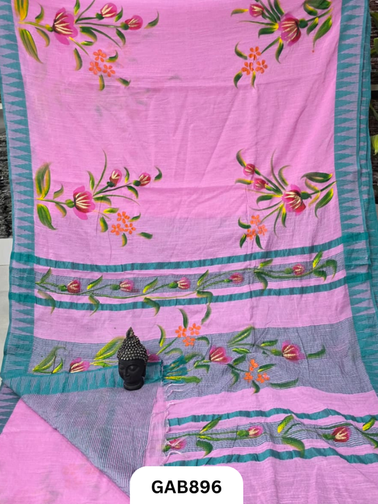 Temple Zari Border Hand Block Printed Katan Cotton Silk Saree With Running Blouse
